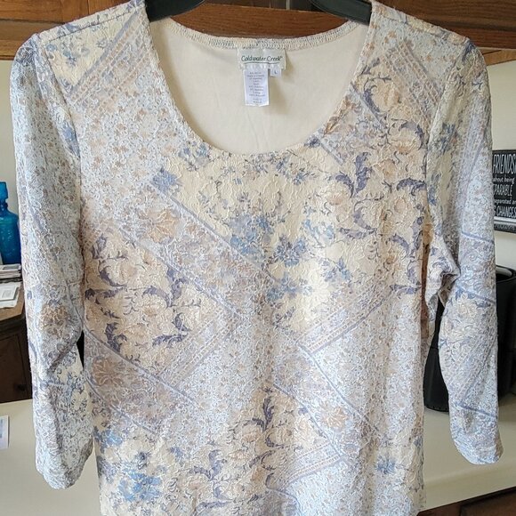 Coldwater Creek fully lined top with sheer 3/4" length sleeves blue/beige Size L - Picture 10 of 12